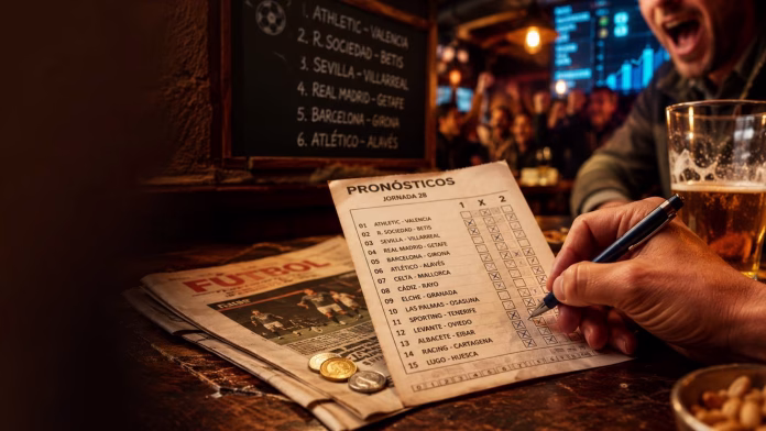 Pronósticos deportivos en un bar de Santander con una quiniela sobre la mesa