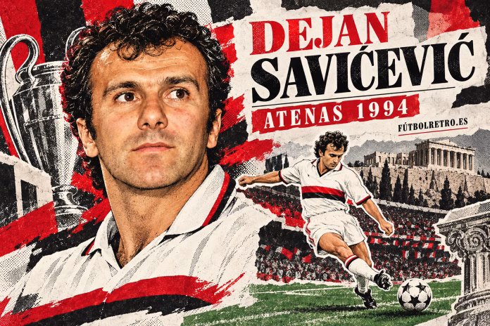 Collage ilustrado de Dejan Savićević y su noche con el Milan en Atenas 1994