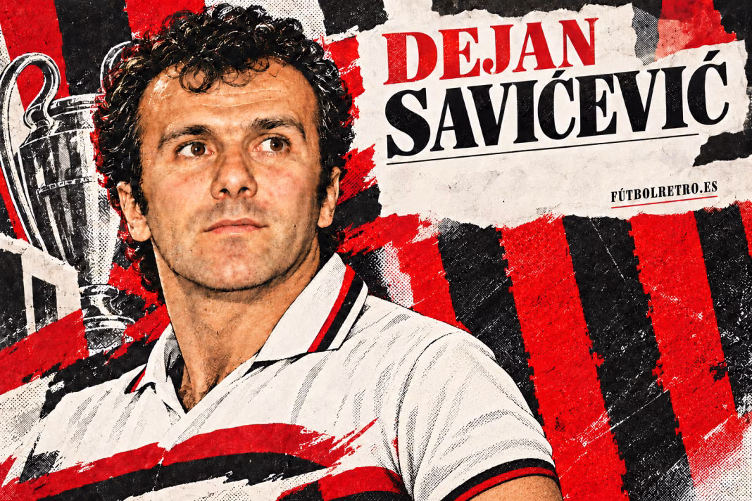 Dejan Savićević: el genio que convirtió Atenas en su obra maestra Collage ilustrado de Dejan Savićević con los colores rojinegros del Milan